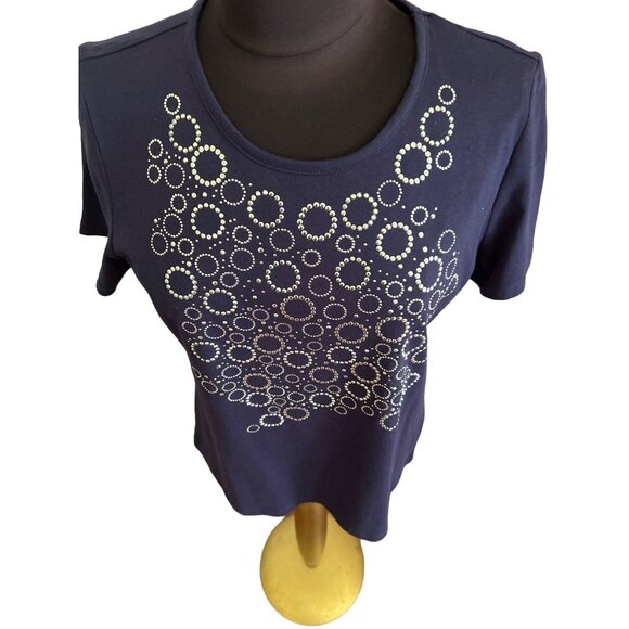 Coral Bay Women's Short Sleeve Navy Top With Rhinestone Circle Design, Size Med - Picture 2 of 7